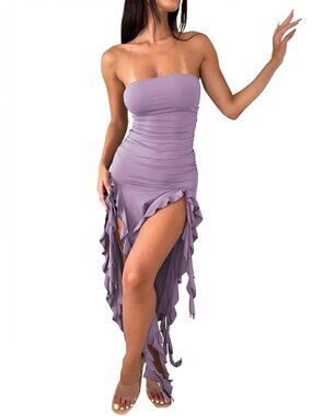 Women's Purple Strapless Ruffle Bodycon Maxi Dress Tube Top Ruched Split Thigh